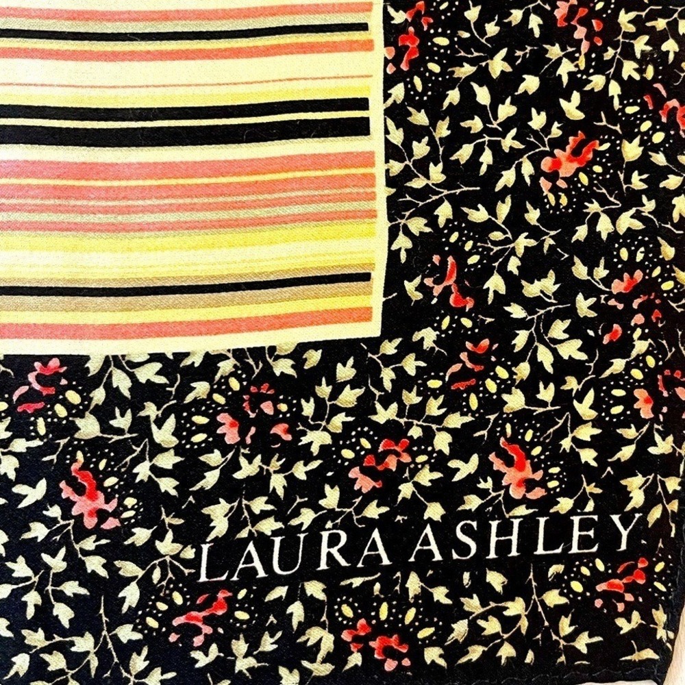 Laura Ashley Silk Scarf Square Floral Stripe Black Pink Yellow Vintage Style